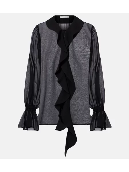 Bluză Nina Ricci de mătase transparente cu volane negru