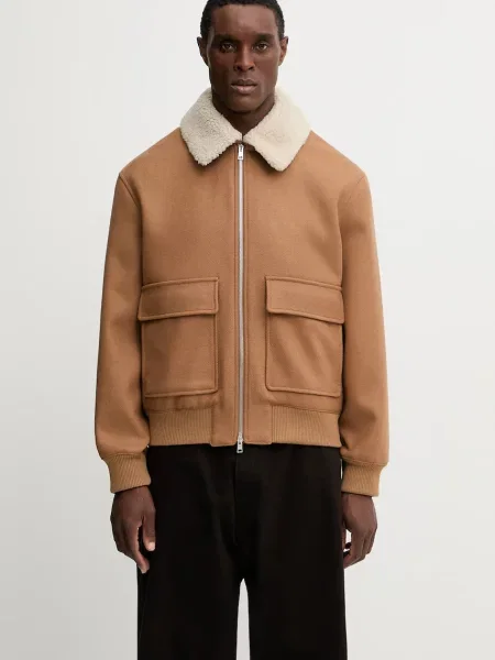 Maison Kitsuné geacă de lână Shearling Collar de tranziție maro