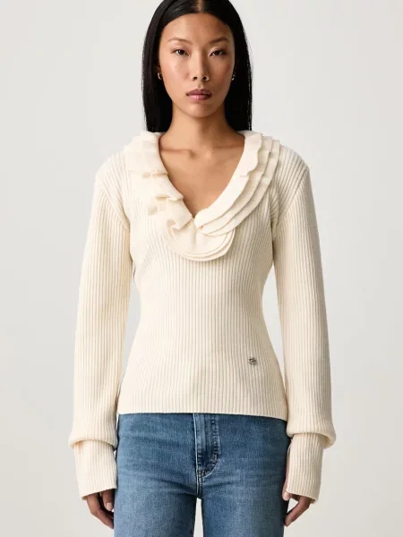 GANNI Ribbed Frill pulover cu lână merino pentru femei