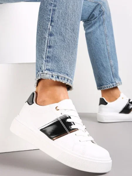 Sneakers Alb-Negru pe Platformă Joasă cu Inserții Metalice Tommu alb