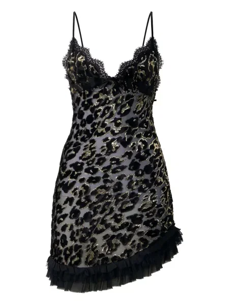 Rochie mini Roberto Cavalli cu model leopard din dantelă de costum negru