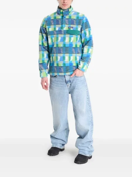 Sweter Patagonia polarowy w kratę niebieski