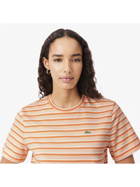 Lacoste T-Shirt Z Okrągłym Dekoltem W Paski Regular Fit pomarańczowy