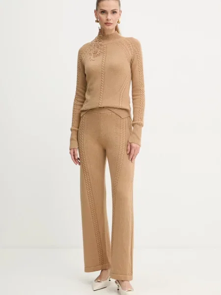 Ermanno Scervino spodnie z dodatkiem wełny proste high waist brązowy