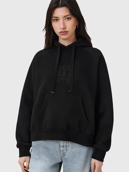AllSaints bluză STACKS cu glugă cu imprimeu negru