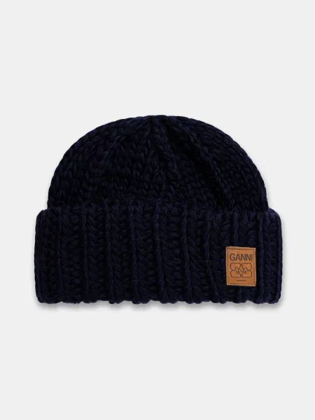 GANNI căciulă de lână Graphic Wool Hand Knit bleumarin