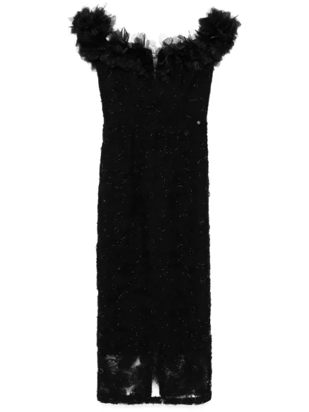 Rochie midi Nissa cu model floral din dantelă până la genunchi negru