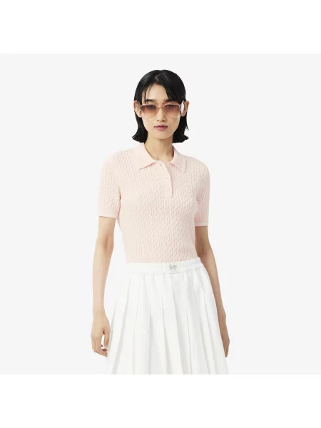 Lacoste Sweter Z Golfem W Prążki Warkoczowa różowy