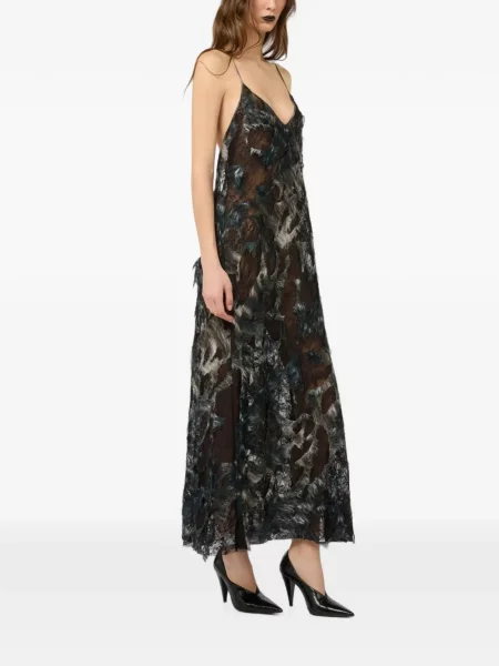 Rochie maxi Roberto Cavalli cu pene din dantelă negru