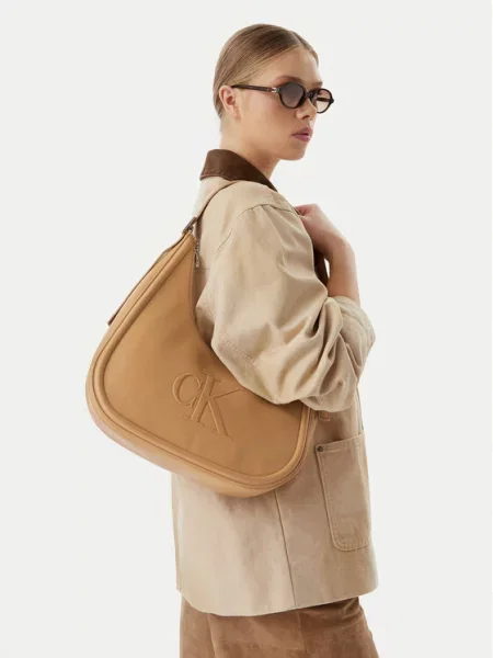 Geantă Calvin Klein Bold Ck Crescent bej