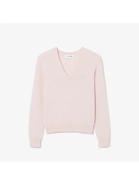 Lacoste Bezszwowy Sweter Z Dzianiny Z Dekoltem W Serek różowy