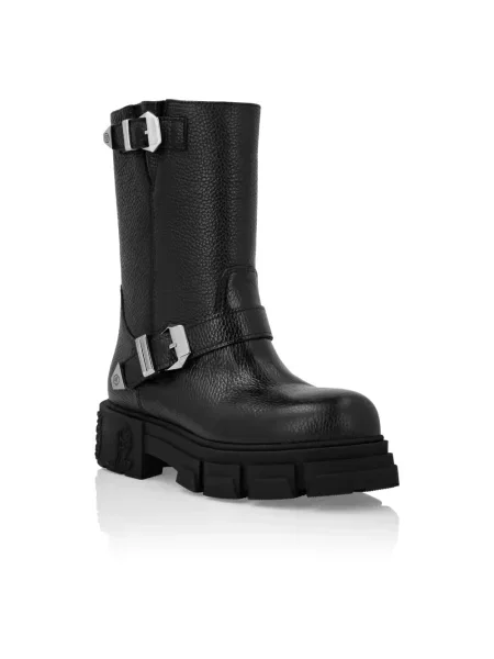 Kozaki Philipp Plein skórzane bez obcasa czarne