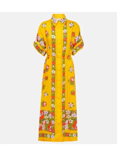 Rochie tip cămașă Alemais de in cu model floral de costum galben