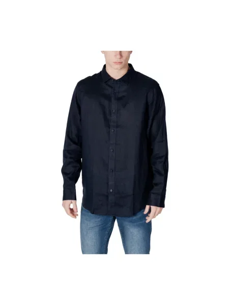 Lniana koszula Armani Exchange z długim rękawem z kołnierzem niebieska