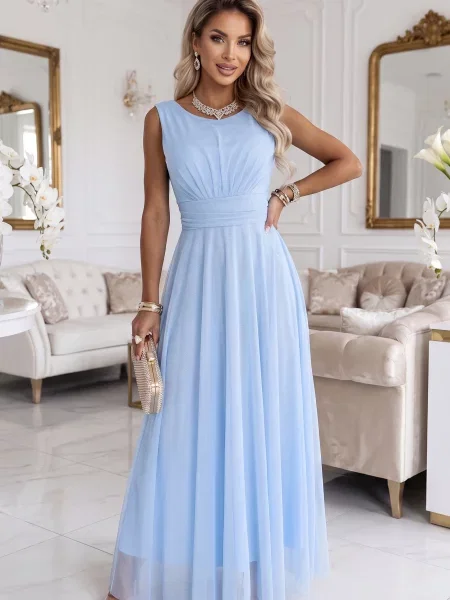 Rochie maxi Numoco Basic din tul cu decolteu rotund albastru