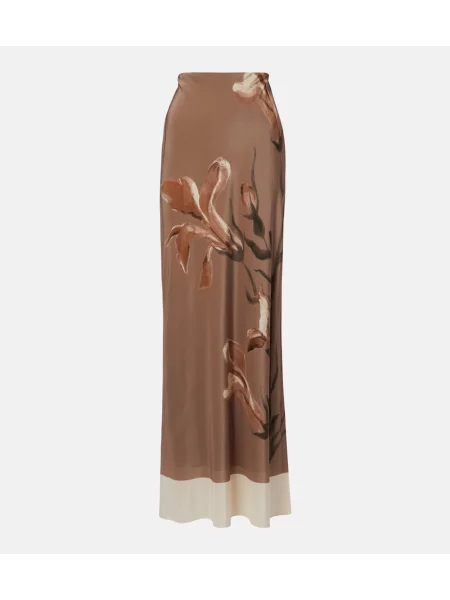 Fusta maxi Sir de mătase cu model floral maro