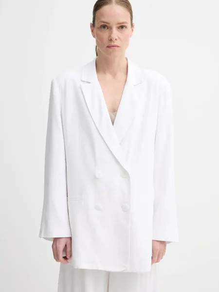 Gestuz blazer din amestec de in cu doua randuri de uni alb