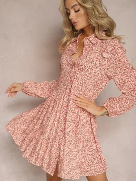 Rochie Mini Cloș cu Imprimeu Floral și Volane Limrena roz