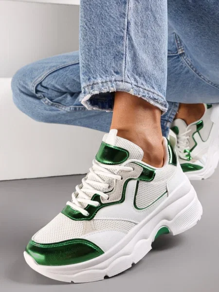 Sneakerși Alb-Verzi pe Talpă Groasă cu Inserții Perforate Lanya alb