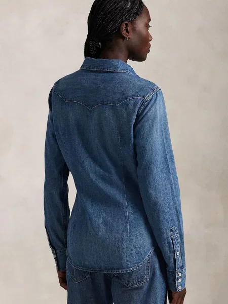 Bluzka Polo Ralph Lauren elegancka z kieszeniami na piersi niebieska