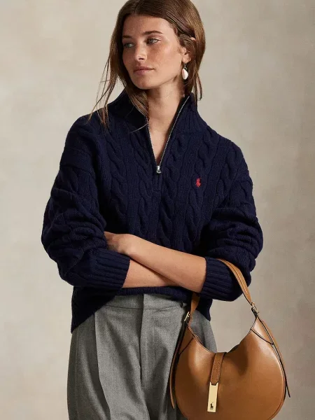 Polo Ralph Lauren pulover de lână bleumarin cu turtleneck
