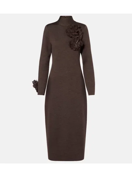 Rochie midi Oscar De La Renta de lână cu model floral până la genunchi maro