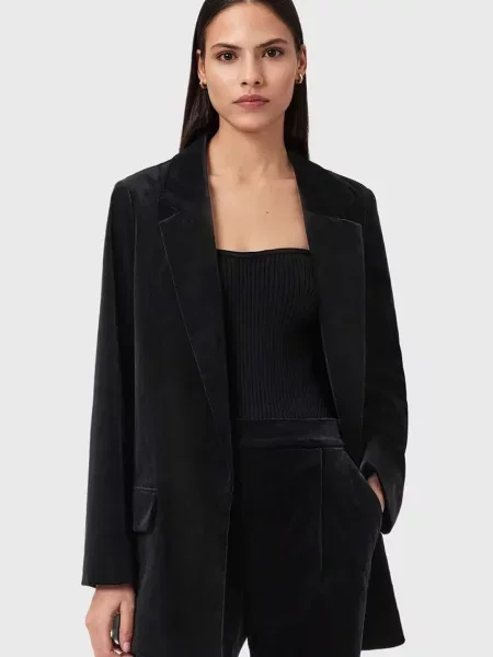 AllSaints jachetă de catifea un singur rând de uni negru