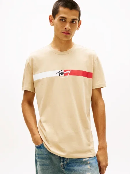 Tommy Jeans Marškinėliai smėlio / raudona balta