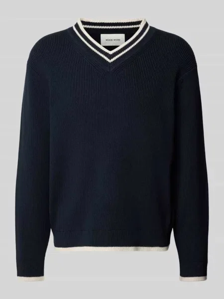 Sweter z dzianiny z prążkowanymi wykończeniami model ‘Cobek’ Wood Wood granatowy