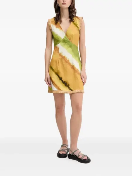 Sukienka mini Never Fully Dressed z frędzli w abstrakcyjne wzory garniturowa żółta