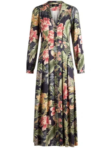 Rochie tip cămașă Etro cu model floral din țesătură twill de costum albastru