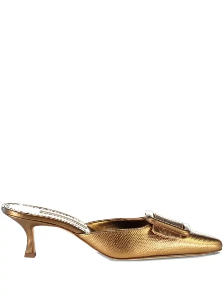 Papuci tip mules Manolo Blahnik cu cataramă auriu
