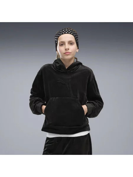 Młodzieżowa krótka welurowa bluza z kapturem Essentials Elevated o luźnym kroju czarna