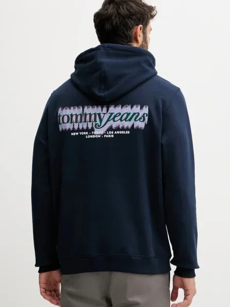 Суичър с качулка Tommy Jeans с качулка с принт тъмносиньо