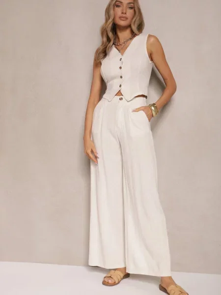 Jasnobeżowy Garniturowy Komplet z Lnu i Kamizelka i Szerokie Spodnie Evialora beżowa