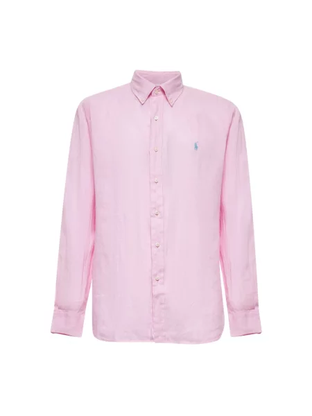 Lniana długa koszula Polo Ralph Lauren z długim rękawem różowa