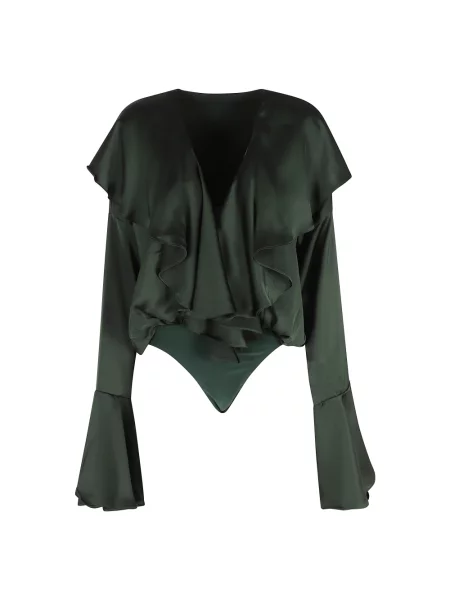 Longsleeve Norma Kamali z dekoltem w serek z falbankami z długim rękawem zielony