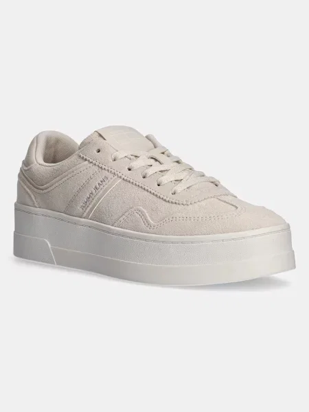 Tommy Jeans sneakers din piele intoarsă THE GREENWICH FLATFORM ELEVATED bej