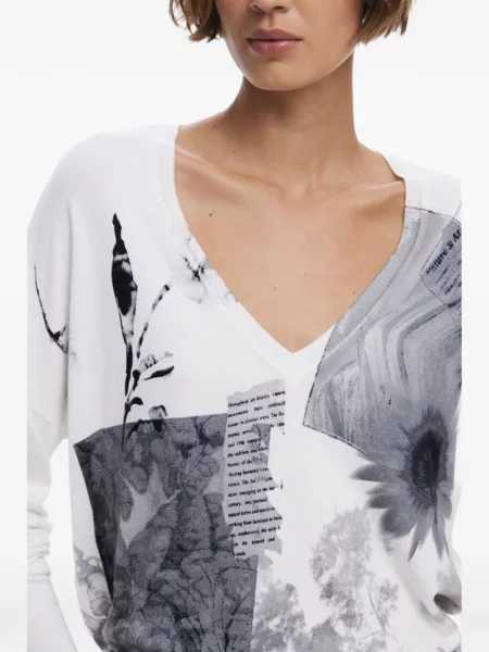 Top Desigual cu imagine cu decolteu în V alb