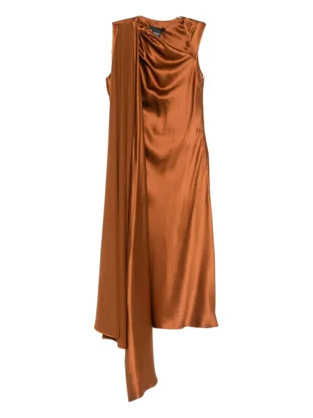 Rochie midi Max Mara de mătase drapată până la genunchi maro