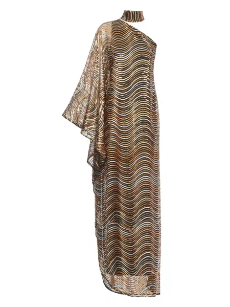 Sukienka midi Taller Marmo do kolan na jednym ramieniu garniturowa złota