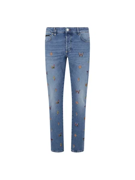 Haftowane jeansy straight leg Philipp Plein niebieskie
