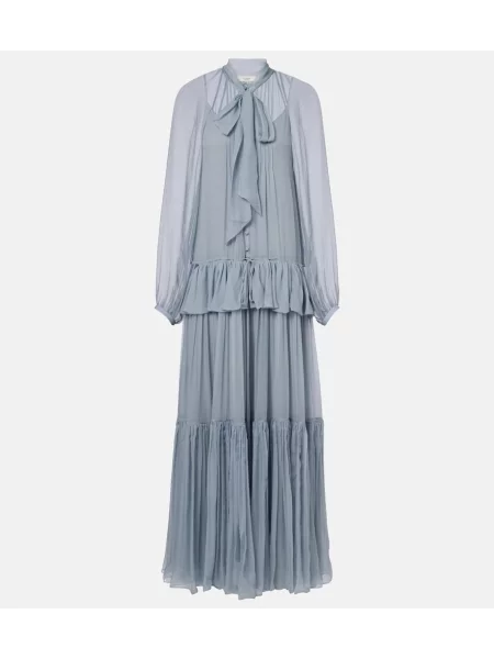 Rochie maxi Chloé de mătase cu volane albastru