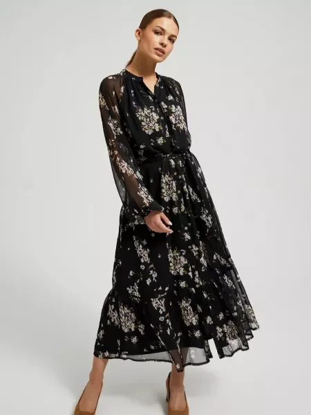 Rochie midi Moodo cu model floral până la genunchi de costum negru