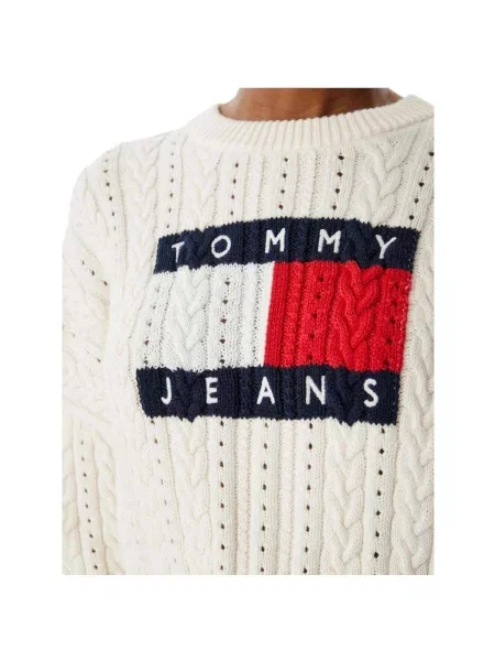 Tommy Jeans Pulover Intarsia Flag Badge Crem alb