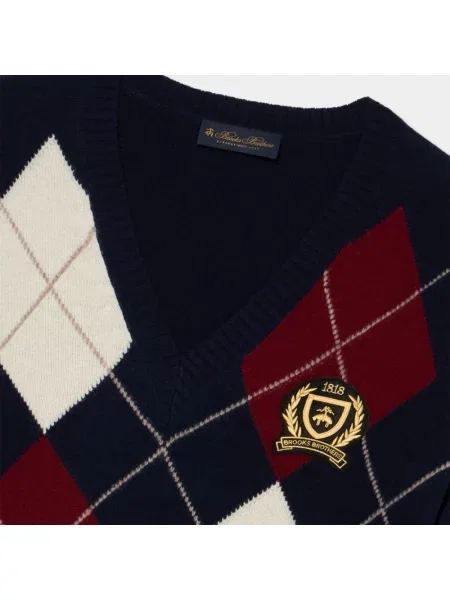 Sweter Brooks Brothers wełniany z nadrukiem z dekoltem w serek