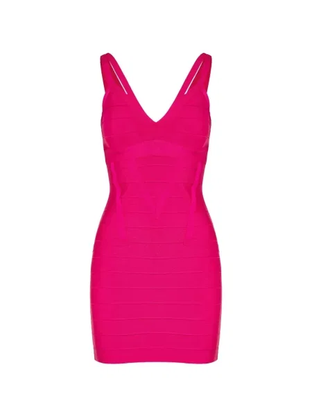 Sukienka mini Hervé Léger z dekoltem w serek garniturowa różowa