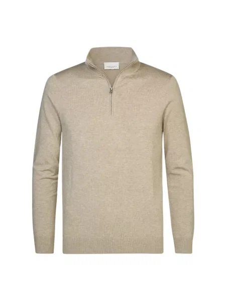 Sweter o kroju slim fit dzianiny z dodatkiem jedwabiu i zamkiem błyskawicznym Profuomo beżowy