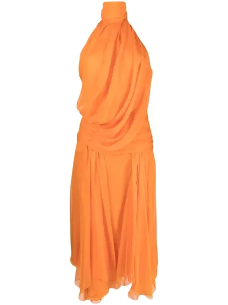 Rochie midi Alberta Ferretti de mătase drapată până la genunchi portocaliu