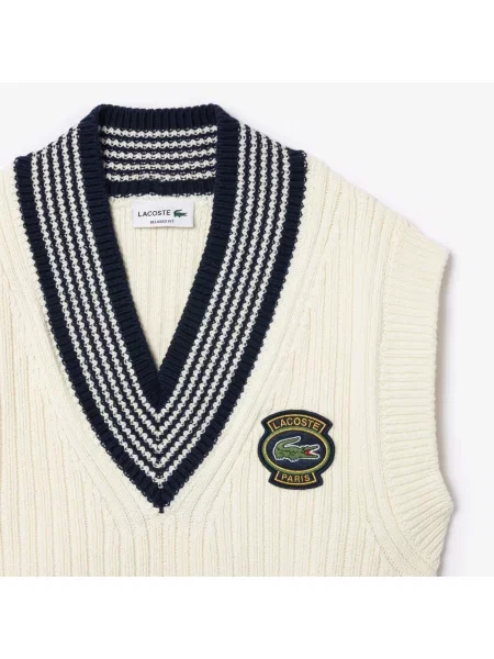 Lacoste Unisex Luźny Dopasowany Sweter Kolorowy Blokujący biały